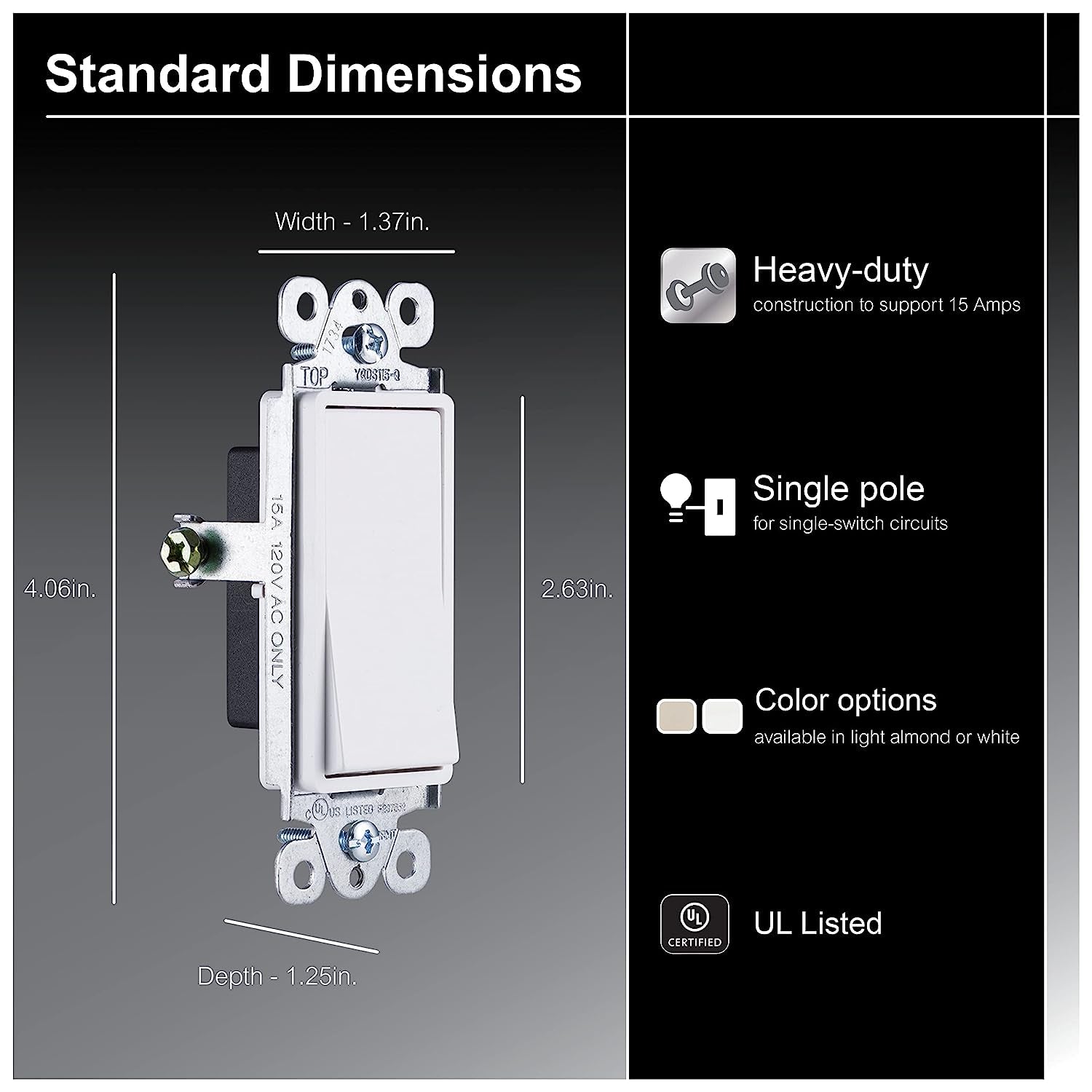 Grounding Paddle Rocker Switch, Single Pole, in Wall On/Off Power Switch Replacement for Ceiling Fans & Lights, 15 Amp, Great for Home, Office & Kitchen, UL Listed, White, 50726