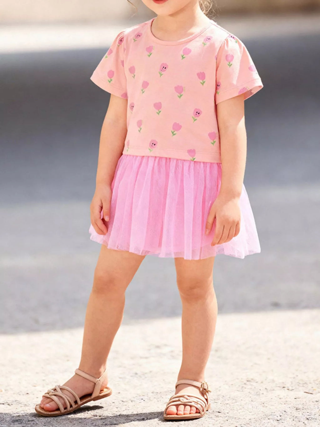 Children's Floral Print Tulle Layered Dress
