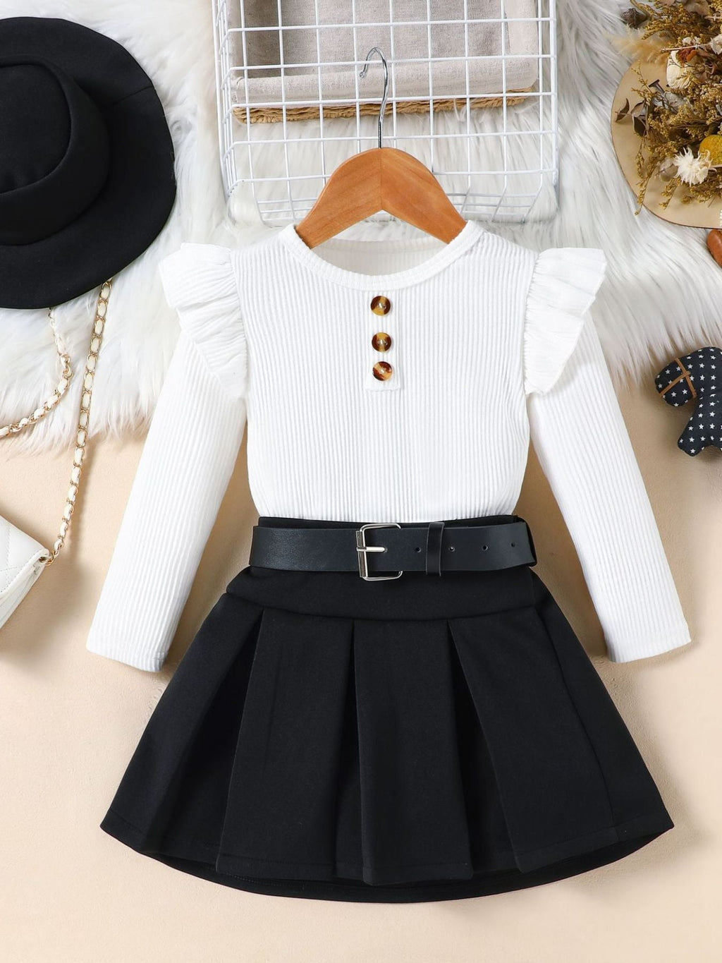 Children's Ruffle Sleeve Top & Pleated Skirt Set with Hat and Belt