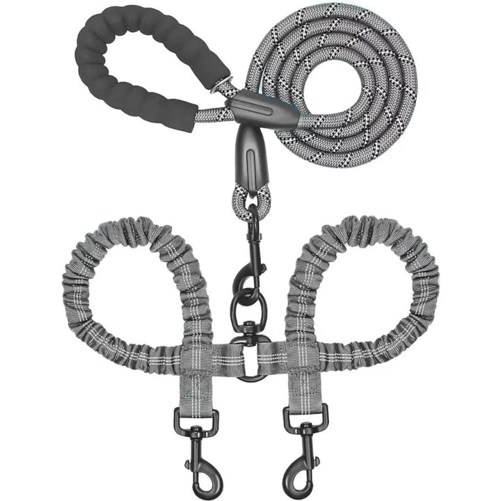 FlexiWalk™ Shock-Absorbing Double Dog Leash – Nylon, Stretchable, Anti-Winding for Comfortable Walks