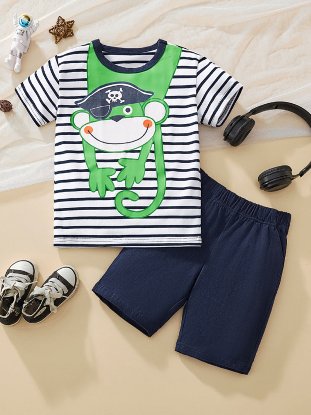 Children's Cute Pirate Monkey Striped T-Shirt & Shorts Set