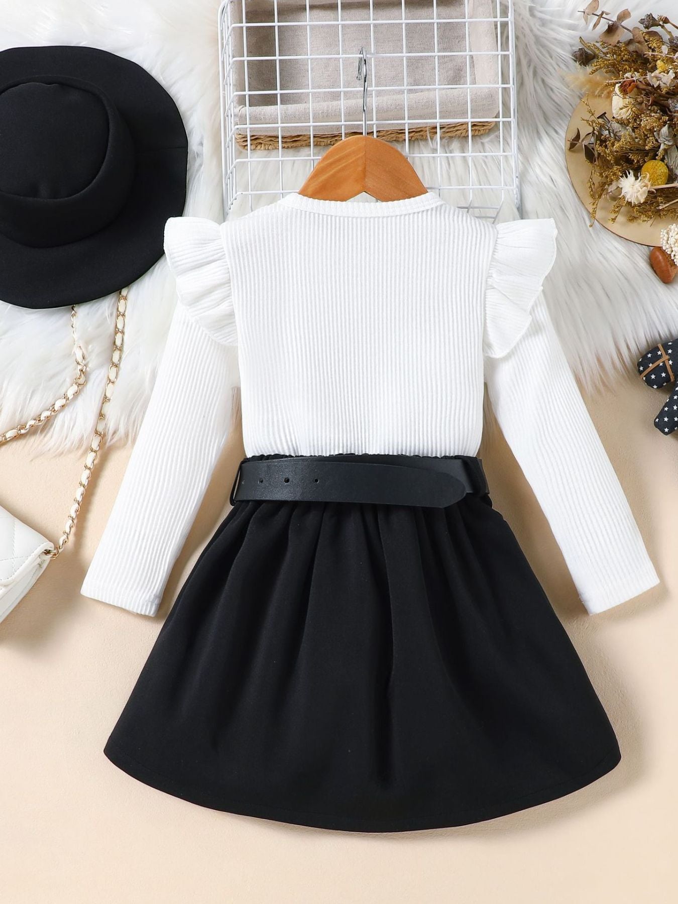 Children's Ruffle Sleeve Top & Pleated Skirt Set with Hat and Belt