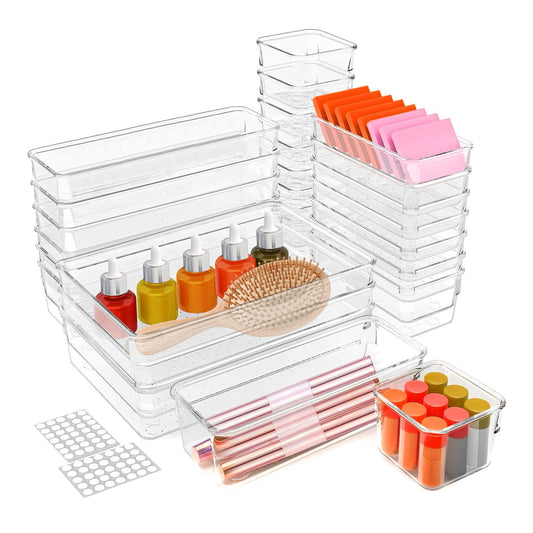 25er-Set Klarsicht-Schubladenorganizer, 4 Größen, Schreibtisch-Schubladenteiler, Aufbewahrungsbehälter für Waschtisch, Schrank, Make-up, Bad, Büro, Küche, Schlafzimmer, Je