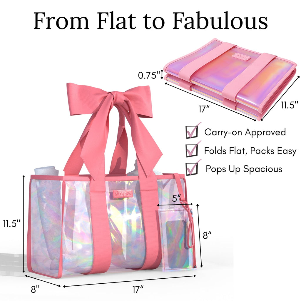 BowMe Prism Tote with Phone Pouch – Lightweight, Waterproof, Tip-Proof, Foldable and Washable Tote Bag for Beach, Pool, Travel and Vacation (Prism Pink & Prism Purple)