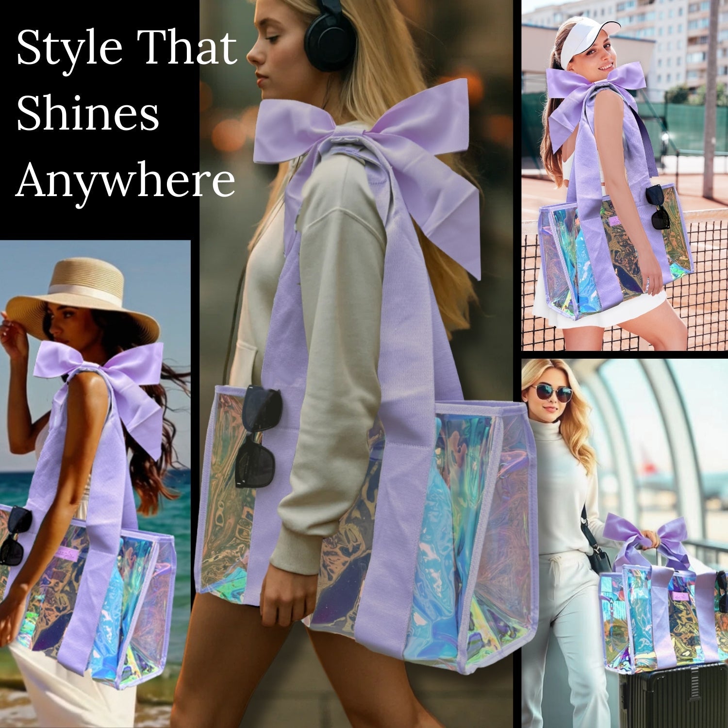 BowMe Prism Tote with Phone Pouch – Lightweight, Waterproof, Tip-Proof, Foldable and Washable Tote Bag for Beach, Pool, Travel and Vacation (Prism Pink & Prism Purple)