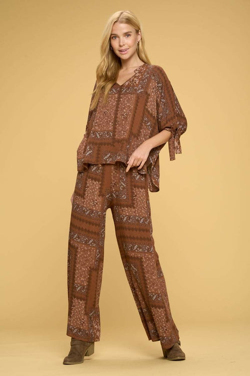 Boho Paisley Print Top with Self Tie Sleeves