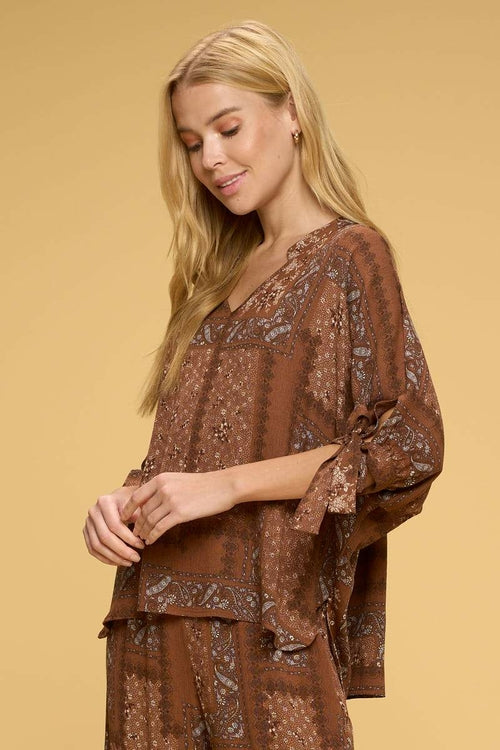 Boho Paisley Print Top with Self Tie Sleeves