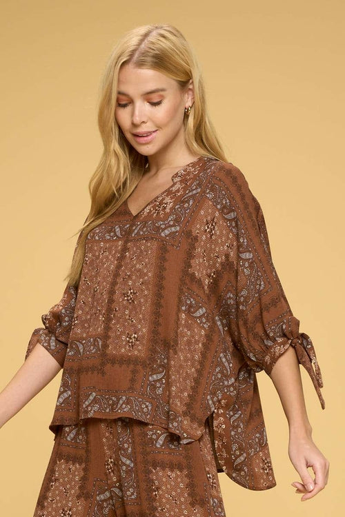 Boho Paisley Print Top with Self Tie Sleeves