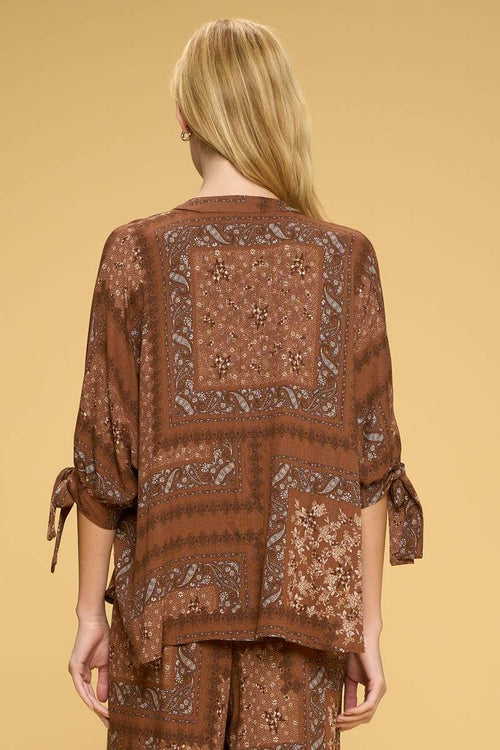 Boho Paisley Print Top with Self Tie Sleeves