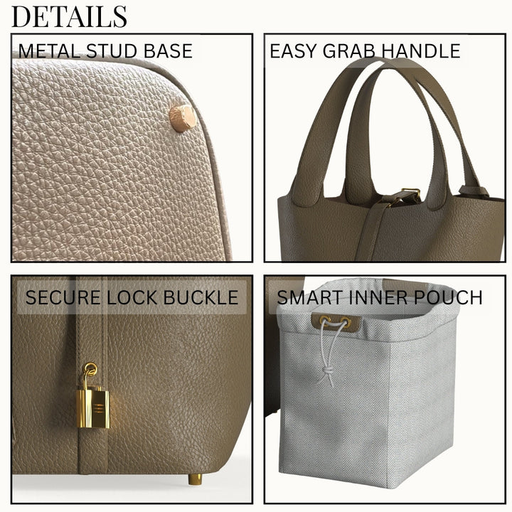 Leather Bucket Bag with Drawstring Pouch – Leather Satchel, Everyday Handbag with Mini Lock Design