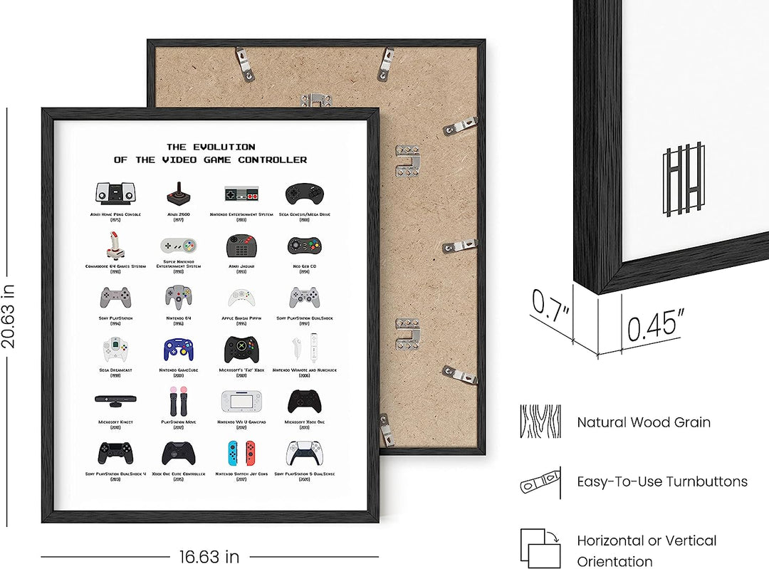 Retro Video Game Posters for Walls - by  | Video Game Wall Art and Gamer Poster | Gamer Decor for Boys Room | Gamer Wall Art Evolution of Video Game Controller (Black Framed) (16X20)