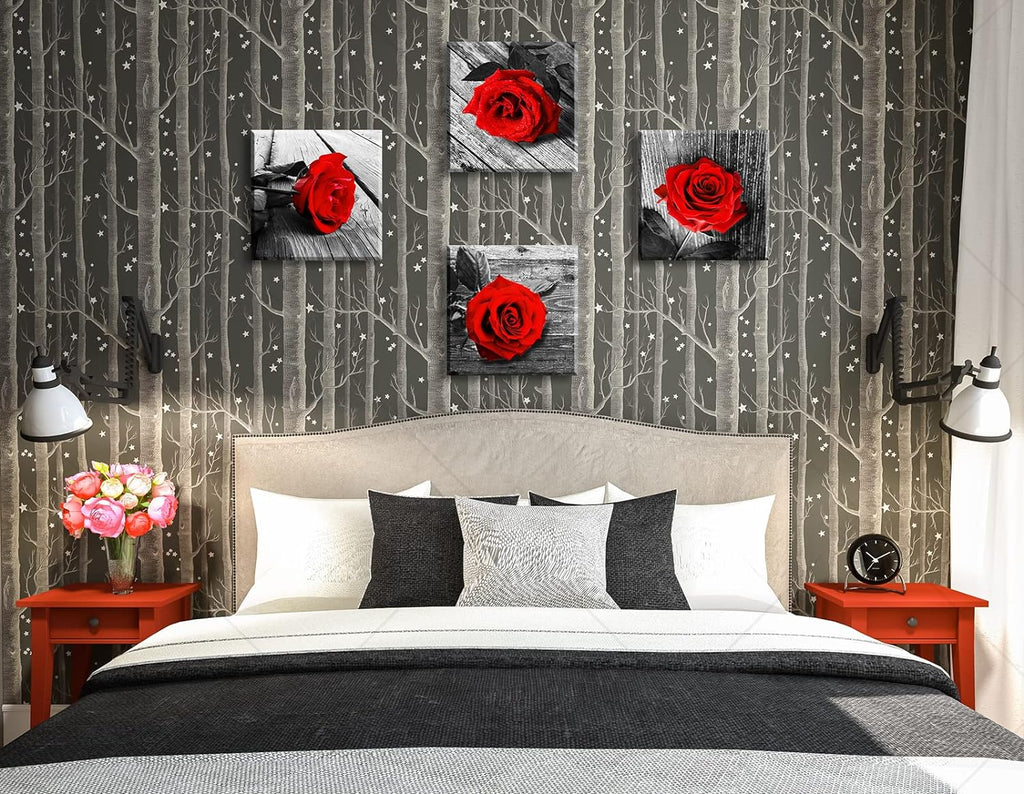 Red Bathroom Accessories Wall Decor for Couples Bedroom Black and White Paintings for Living Room Kitchen Home Decorations Canvas Prints Art Rose Flowers Love Picture Frame Artwork 12X12" 4 Pcs/Set