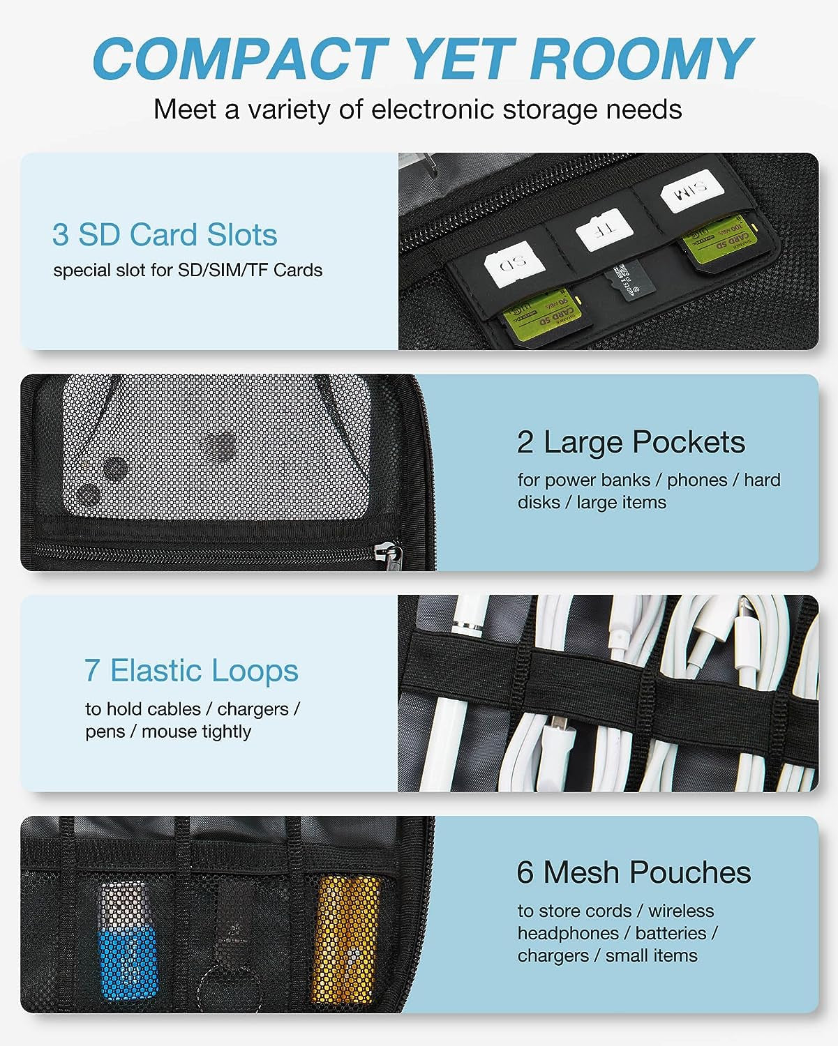 Electronics Organizer Travel Case, Small Cable Organizer Bag for Travel Essentials, Travel Tech Organizer as Travel Accessories, Cord Organizer for Phone, Power Bank, SD Card, Black
