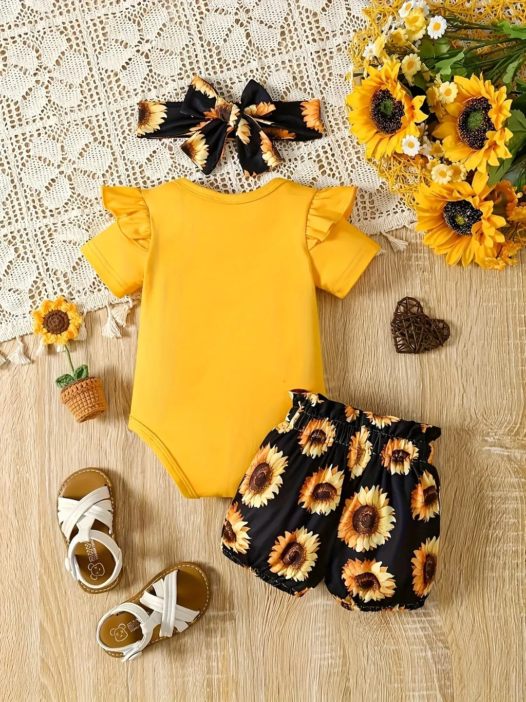 Children's Leopard Ruffled Bodysuit and Shorts Set with Headband