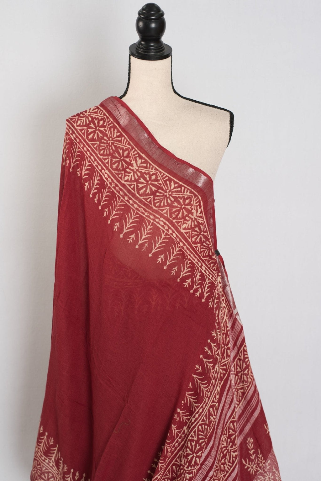Gitanjali: Rostbrauner handbedruckter Sari | Weiche Leinenbaumwolle