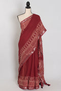 Gitanjali: Rostbrauner handbedruckter Sari | Weiche Leinenbaumwolle