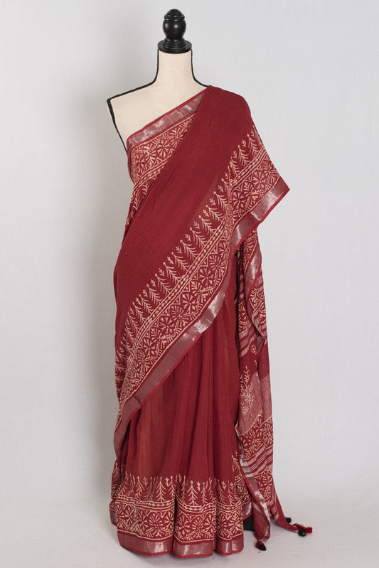 Gitanjali : Sari imprimé à la main rouille | Doux lin-coton