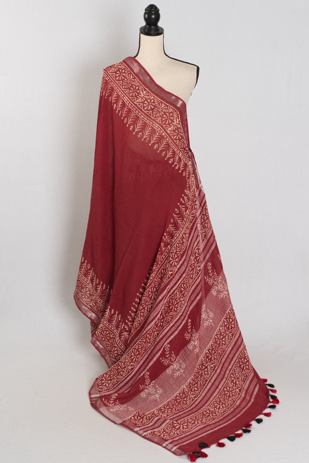 Gitanjali: Rostbrauner handbedruckter Sari | Weiche Leinenbaumwolle