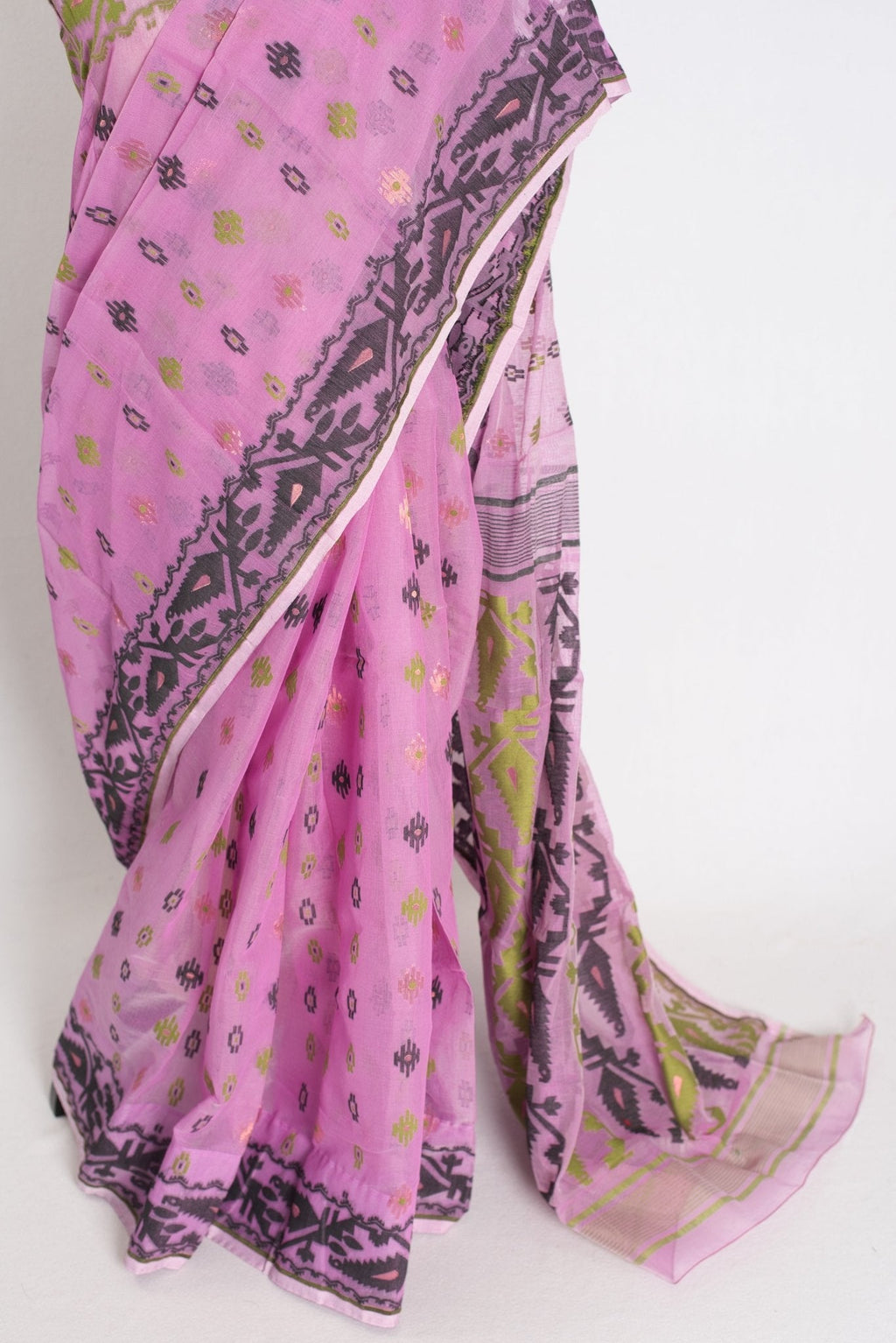 Hema : Sari Bengali en coton doux mélangé violet Jamdani avec bordure Ganga Jamuna