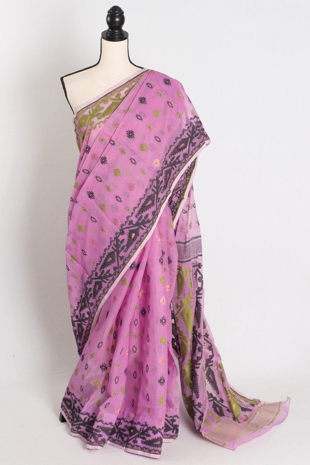 Hema : Sari Bengali en coton doux mélangé violet Jamdani avec bordure Ganga Jamuna