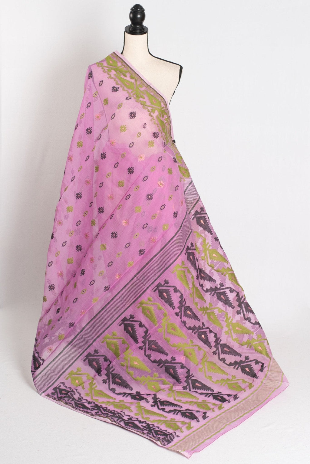 Hema : Sari Bengali en coton doux mélangé violet Jamdani avec bordure Ganga Jamuna