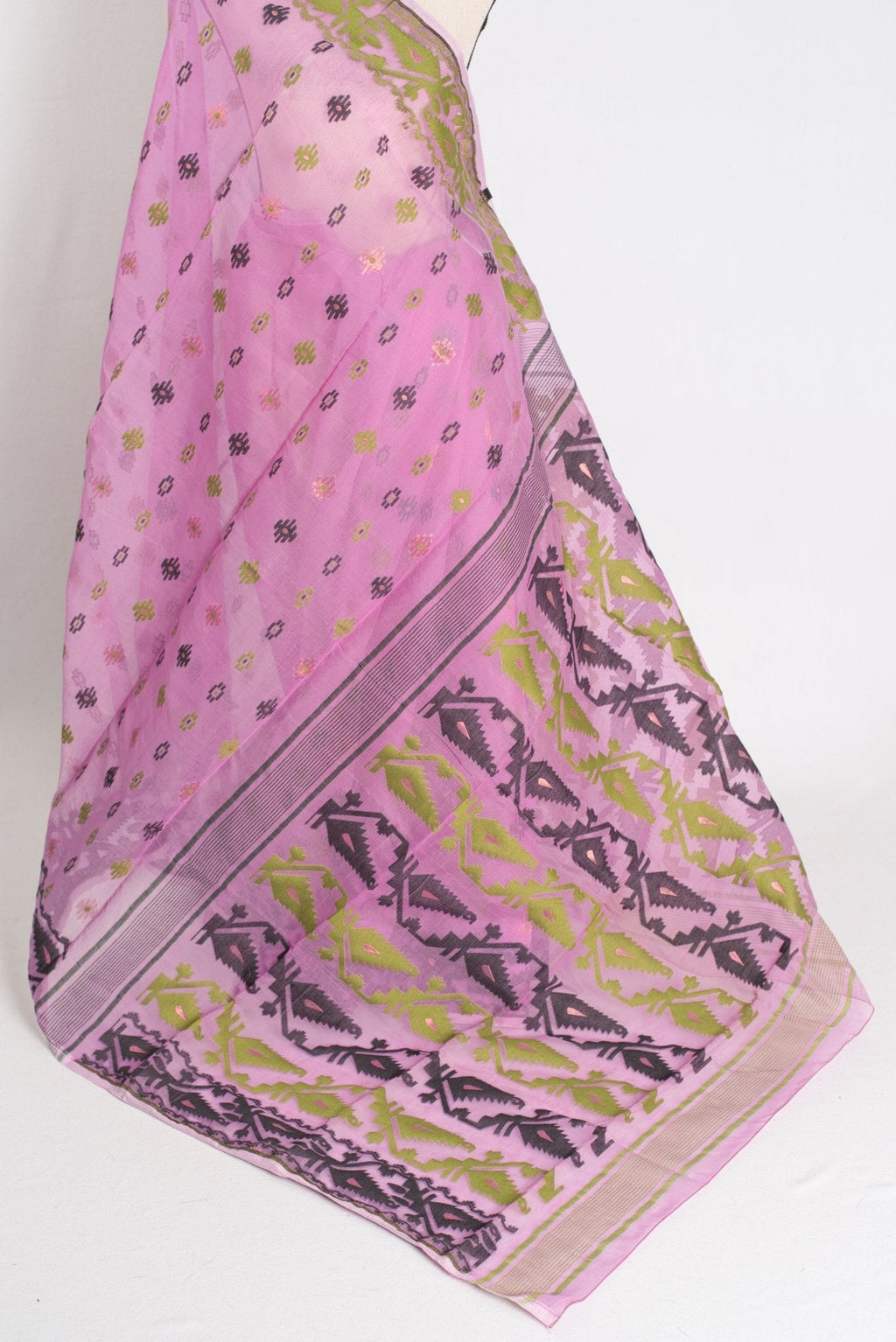 Hema : Sari Bengali en coton doux mélangé violet Jamdani avec bordure Ganga Jamuna