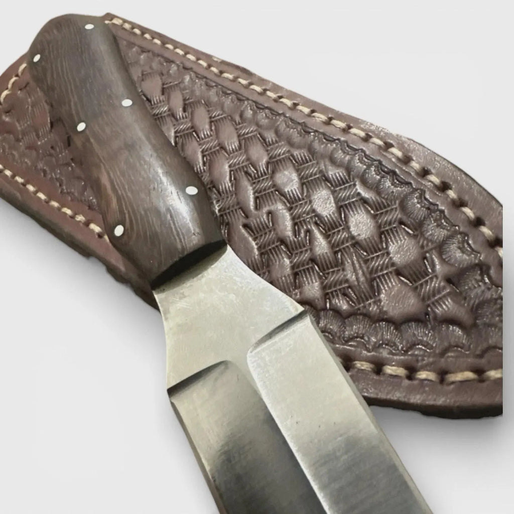 Poignard Texas fait main en acier inoxydable 10Cr15CoMoV avec plaquettes en ébène d'Afrique, étui en cuir marron cousu main, port ceinture/botte #RockinEDC