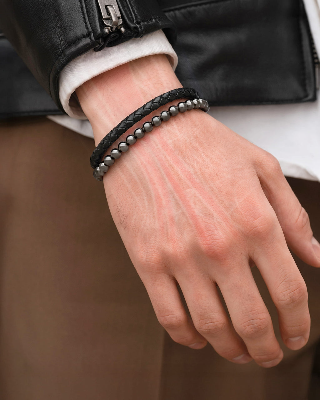 Bracelet magnétique perles hématite haute puissance et cuir