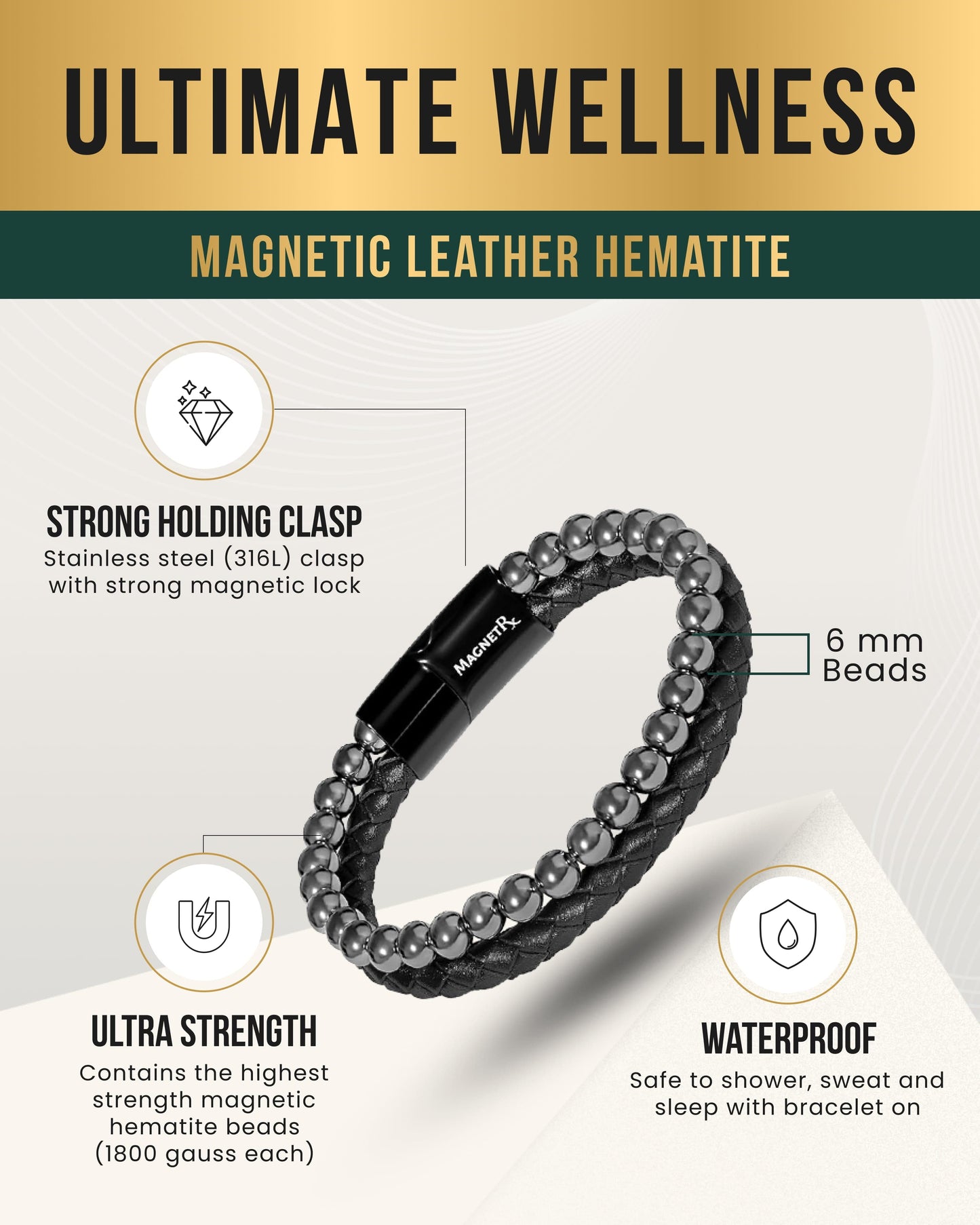 High Power Hematite Bead & Leather Magnetic Bracelet