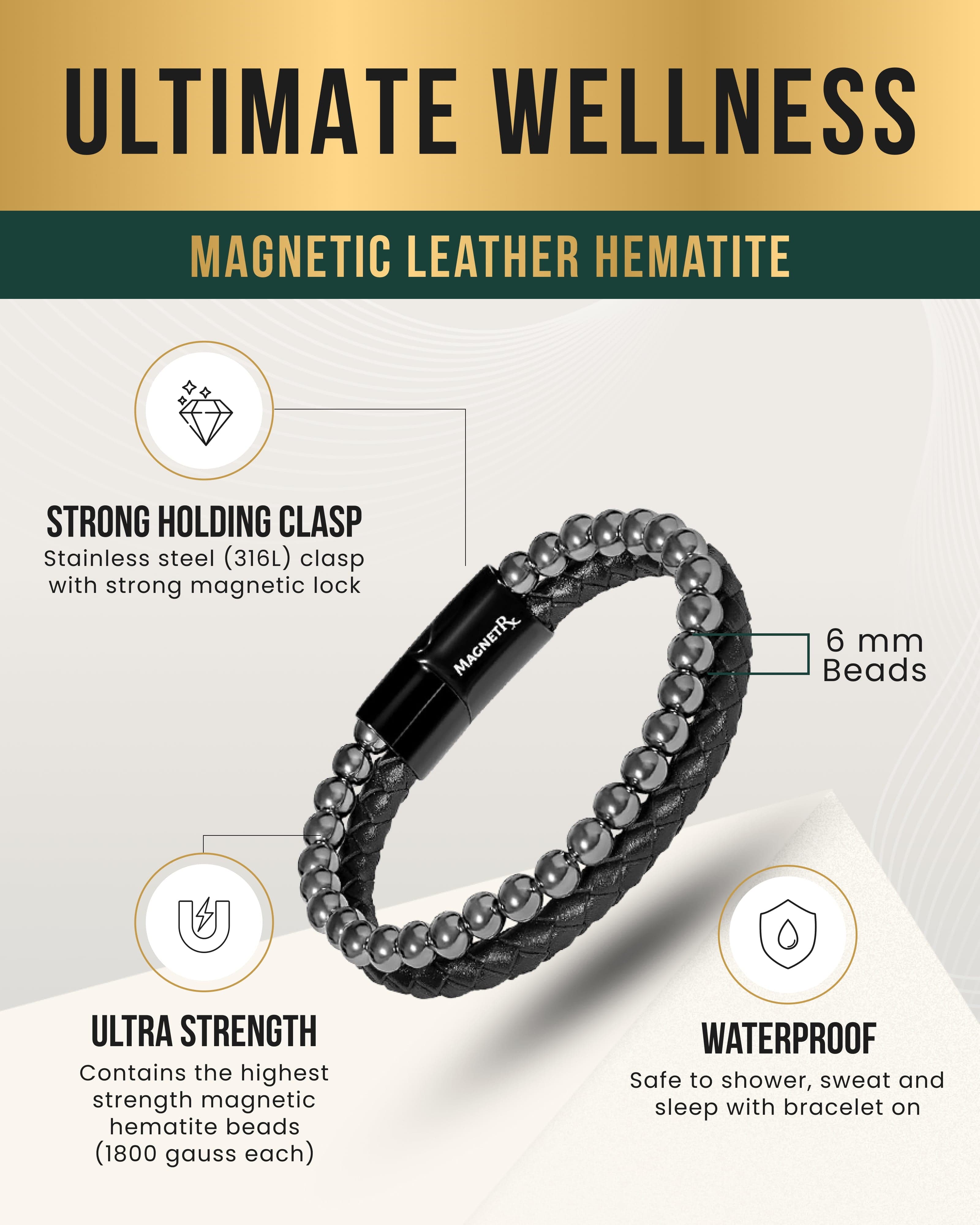Bracelet magnétique perles hématite haute puissance et cuir