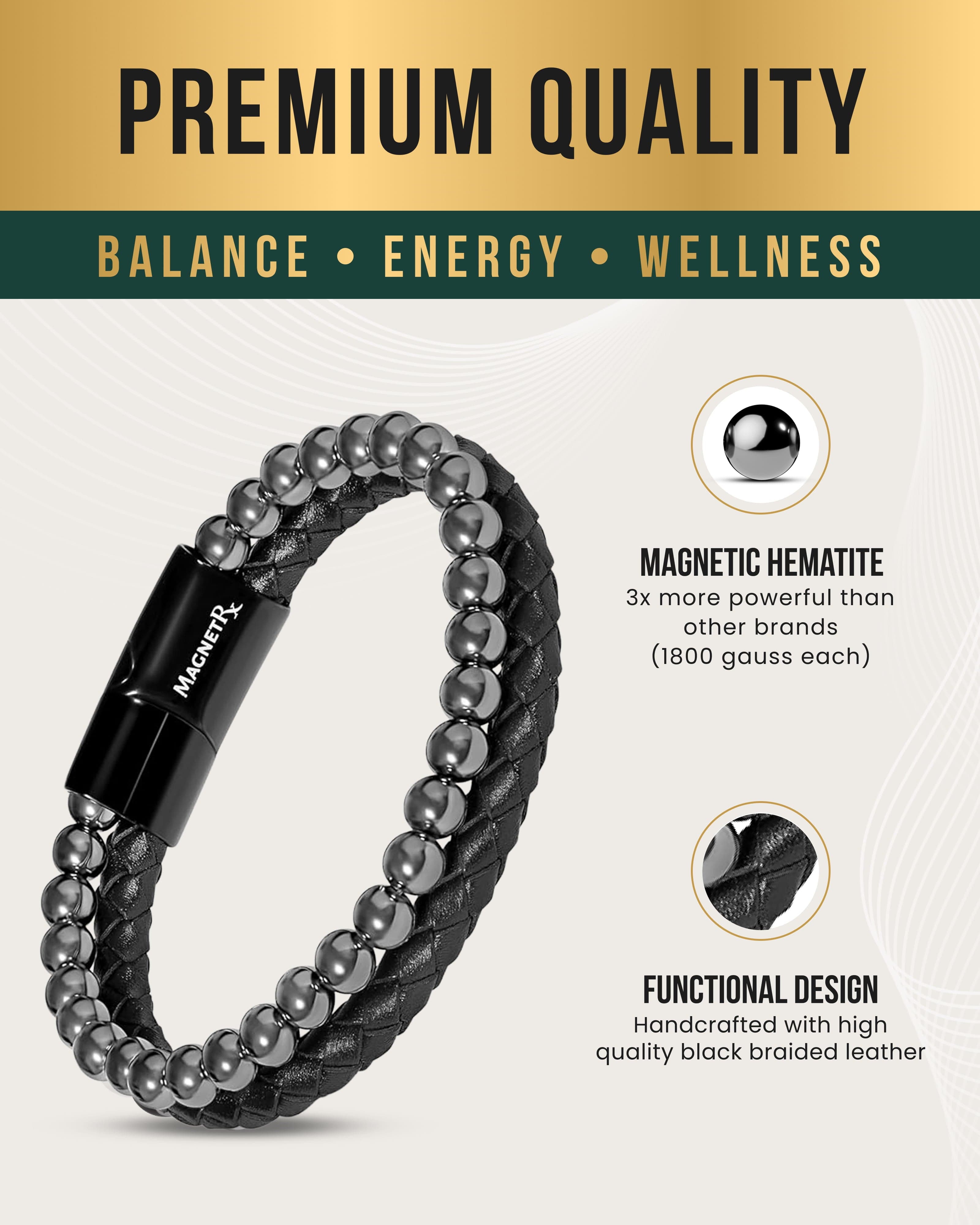 Bracelet magnétique perles hématite haute puissance et cuir
