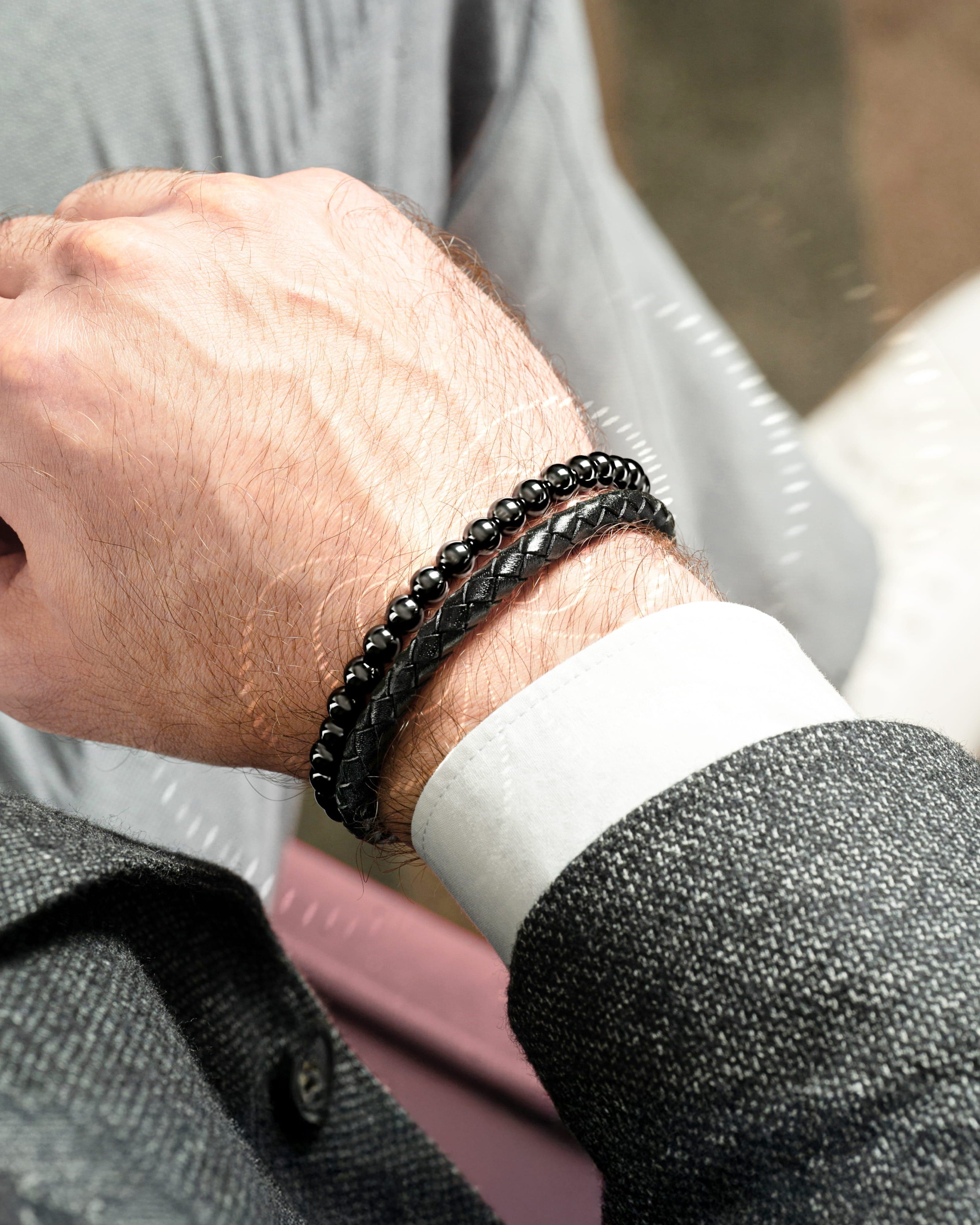 Bracelet magnétique perles hématite haute puissance et cuir