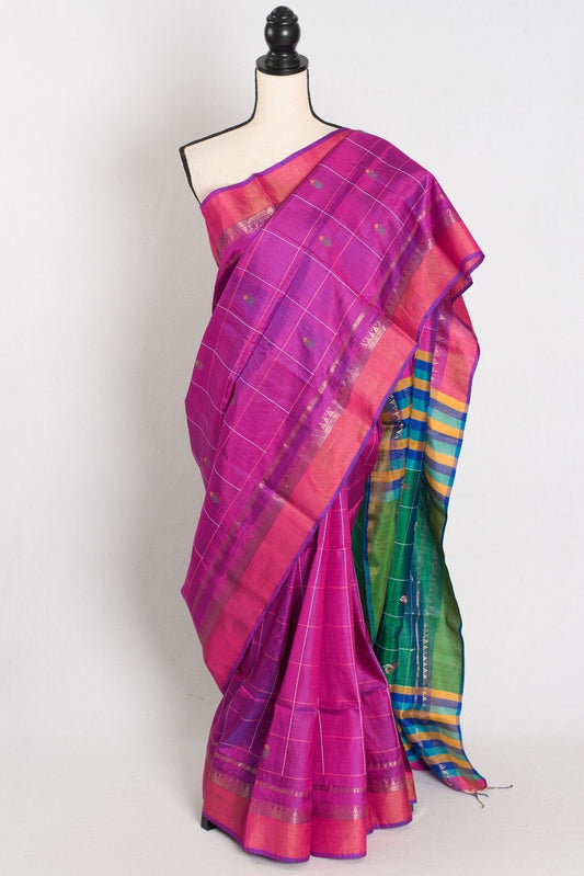 Nina : Sari léger en soie Katan de Bishnupur violet et vert