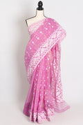 Pritha : Sari Bengali en Jamdani de coton doux mélangé, rose et blanc