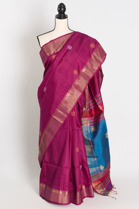 Sandhya : Sari en soie Katan de Bishnupur léger violet et bleu